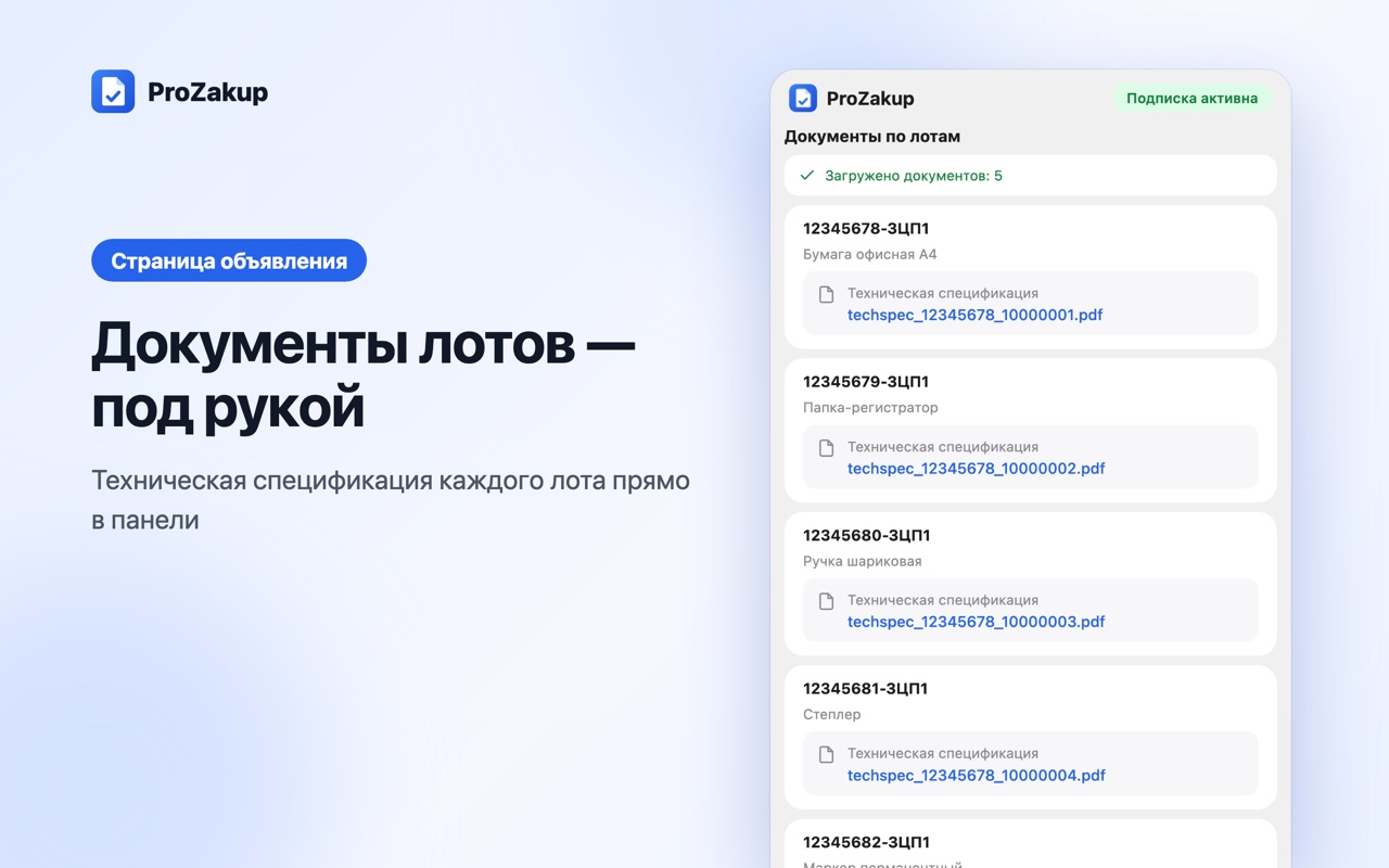 Документы лотов на странице объявления
